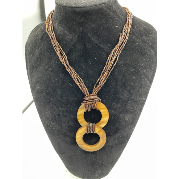 Vintage 1980s Double Circle Brown Seed Bead Statement Necklace - Picture 1 of 4
